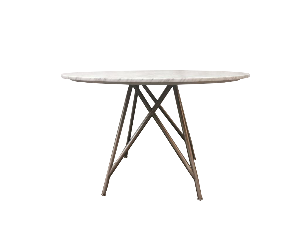 Coral rundt spisebord i marmor og børstet rustfrit stål