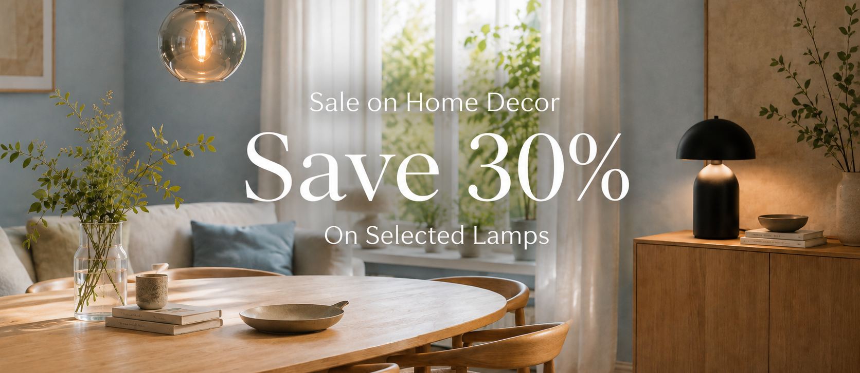 A styled interior scene with a wooden dining table, chairs, pendant light, cabinet, and lamps in a real room. Large overlaid text reads 'Sale on Home Decor Save 30% On Selected Lamps.