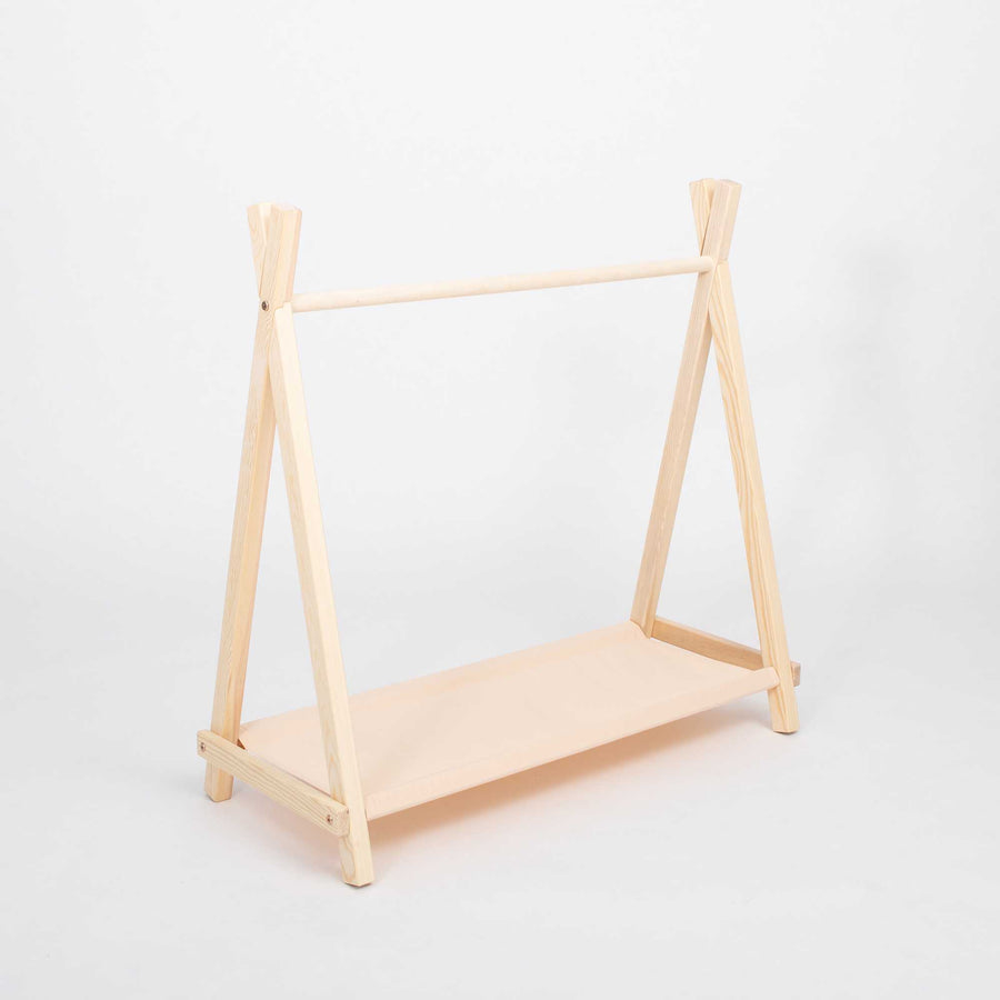 Kids' teepee clothing rack with storage - birch wood & beige